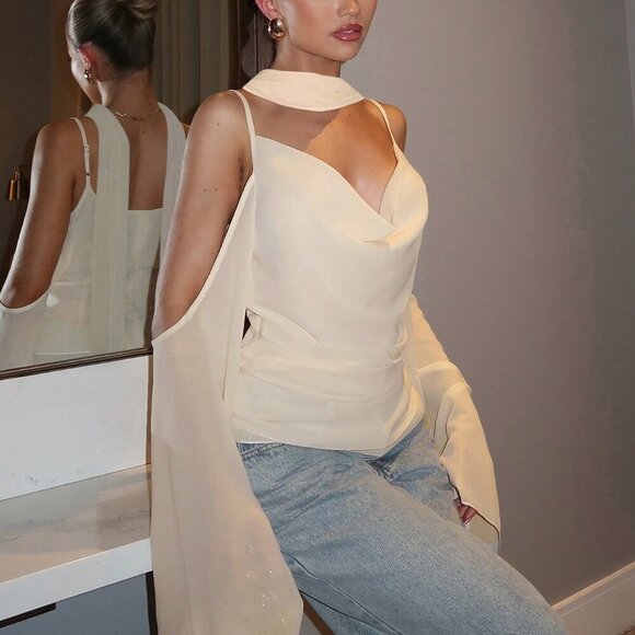 Beige Elegant Women's Chiffon Cami Blouse - Picture 4 of 8